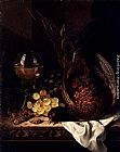 Still Life with a Pheasant, Grapes, Hazelnuts and a Hock Glass on a wooden Ledge